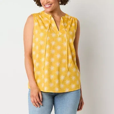 St. John's Bay Womens Tall Split Tie Neck Sleeveless Blouse In Yellow