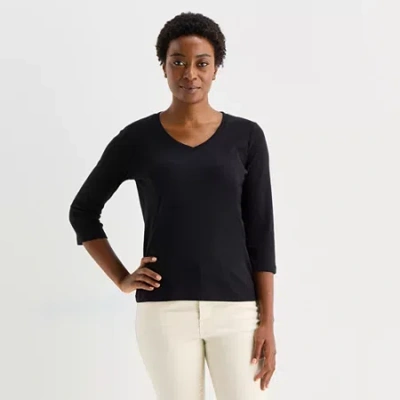 St. John's Bay Womens Tall V Neck 3/4 Sleeve T-shirt In Black