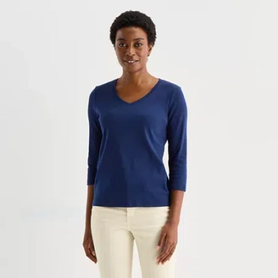 St. John's Bay Womens Tall V Neck 3/4 Sleeve T-shirt In Blue