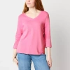 St. John's Bay Womens Tall V Neck 3/4 Sleeve T-shirt In Pink