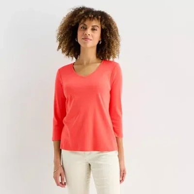 St. John's Bay Womens Tall V Neck 3/4 Sleeve T-shirt In Pink
