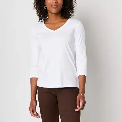 St. John's Bay Womens Tall V Neck 3/4 Sleeve T-shirt In White