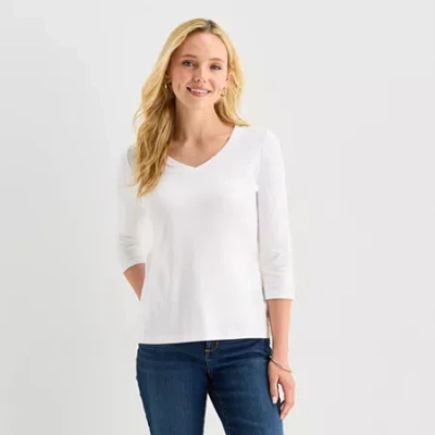 St. John's Bay Womens Tall V Neck 3/4 Sleeve T-shirt In White