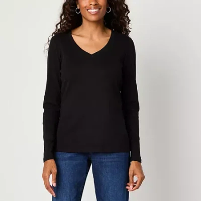 St. John's Bay Womens Tall V Neck Long Sleeve T-shirt In Black