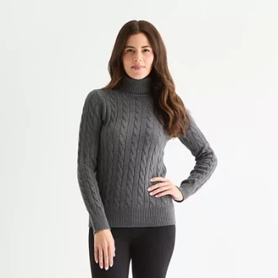 St. John's Bay Womens Turtleneck Long Sleeve Cable Knit Pullover Sweater In Gray