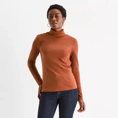 St. John's Bay Womens Turtleneck Long Sleeve T-shirt In Brown