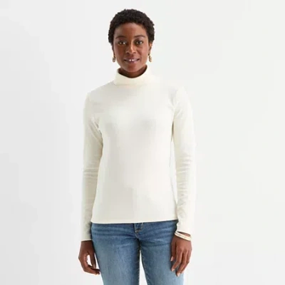 St. John's Bay Womens Turtleneck Long Sleeve T-shirt In White