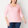 St. John's Bay Womens V Neck 3/4 Sleeve Plus T-shirt In Pink