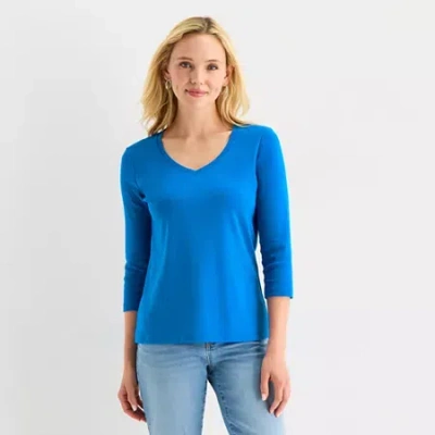 St. John's Bay Womens V Neck 3/4 Sleeve T-shirt In Blue