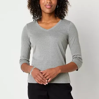 St. John's Bay Womens V Neck 3/4 Sleeve T-shirt In Gray
