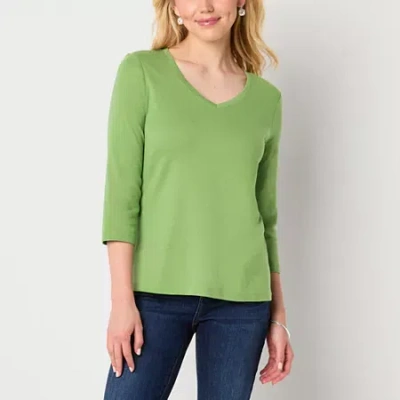 St. John's Bay Womens V Neck 3/4 Sleeve T-shirt In Green