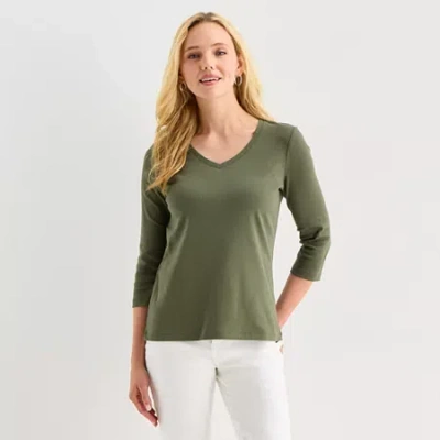 St. John's Bay Womens V Neck 3/4 Sleeve T-shirt In Green