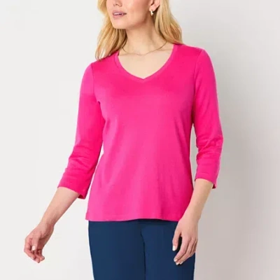 St. John's Bay Womens V Neck 3/4 Sleeve T-shirt In Pink