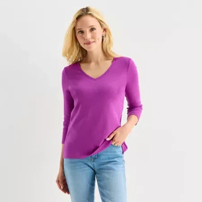 St. John's Bay Womens V Neck 3/4 Sleeve T-shirt In Purple