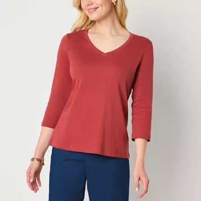 St. John's Bay Womens V Neck 3/4 Sleeve T-shirt In Red