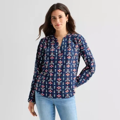St. John's Bay Womens V Neck Long Sleeve Blouse In Blue