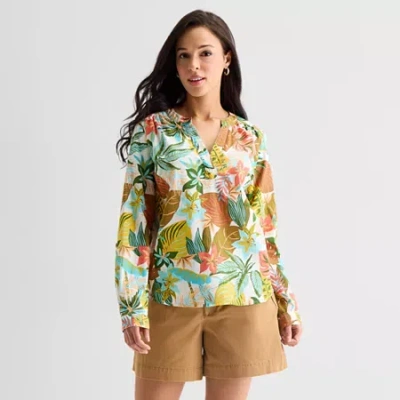 St. John's Bay Womens V Neck Long Sleeve Blouse In Multi