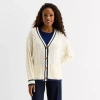 St. John's Bay Womens V Neck Long Sleeve Button Cable Knit Cardigan In White