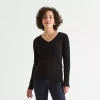 St. John's Bay Womens V Neck Long Sleeve Cable Knit Pullover Sweater In Black