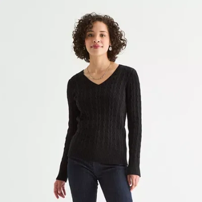 St. John's Bay Womens V Neck Long Sleeve Cable Knit Pullover Sweater In Black