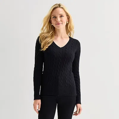 St. John's Bay Womens V Neck Long Sleeve Cable Knit Pullover Sweater In Black