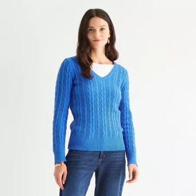 St. John's Bay Womens V Neck Long Sleeve Cable Knit Pullover Sweater In Blue