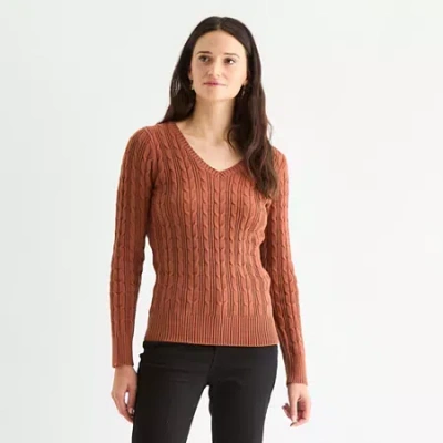 St. John's Bay Womens V Neck Long Sleeve Cable Knit Pullover Sweater In Brown