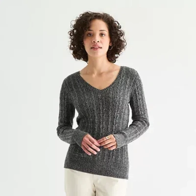 St. John's Bay Womens V Neck Long Sleeve Cable Knit Pullover Sweater In Gray