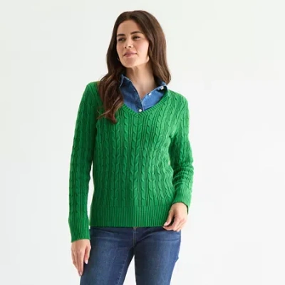 St. John's Bay Womens V Neck Long Sleeve Cable Knit Pullover Sweater In Green