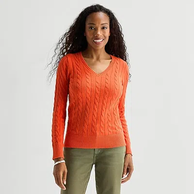 St. John's Bay Womens V Neck Long Sleeve Cable Knit Pullover Sweater In Multi