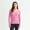 St. John's Bay Womens V Neck Long Sleeve Cable Knit Pullover Sweater In Pink