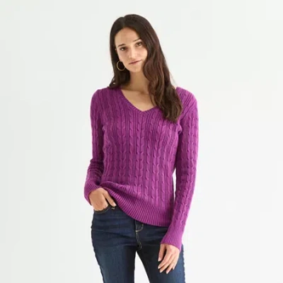 St. John's Bay Womens V Neck Long Sleeve Cable Knit Pullover Sweater In Purple