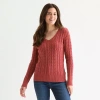 St. John's Bay Womens V Neck Long Sleeve Cable Knit Pullover Sweater In Burgundy