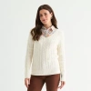 St. John's Bay Womens V Neck Long Sleeve Cable Knit Pullover Sweater In White