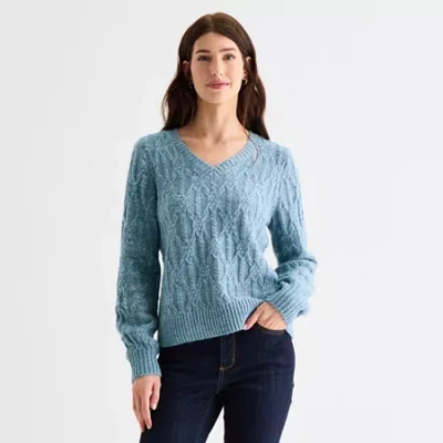 St. John's Bay Womens V Neck Long Sleeve Pullover Sweater In Blue