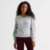 St. John's Bay Womens V Neck Long Sleeve Pullover Sweater In Gray