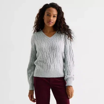 St. John's Bay Womens V Neck Long Sleeve Pullover Sweater In Gray