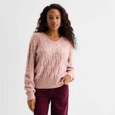 St. John's Bay Womens V Neck Long Sleeve Pullover Sweater In Multi