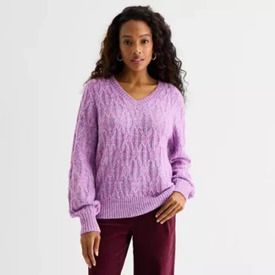 St. John's Bay Womens V Neck Long Sleeve Pullover Sweater In Purple