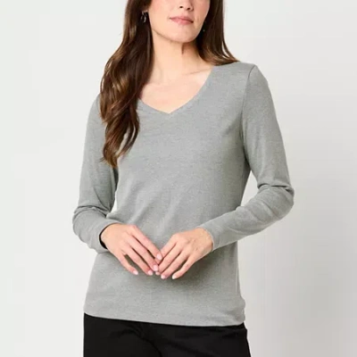 St. John's Bay Womens V Neck Long Sleeve T-shirt In Gray