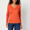 St. John's Bay Womens V Neck Long Sleeve T-shirt In Orange