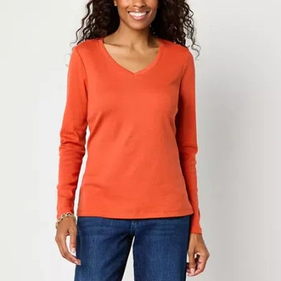 St. John's Bay Womens V Neck Long Sleeve T-shirt In Orange
