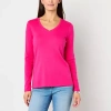 St. John's Bay Womens V Neck Long Sleeve T-shirt In Pink