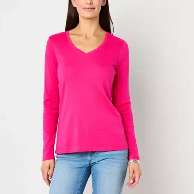 St. John's Bay Womens V Neck Long Sleeve T-shirt In Pink