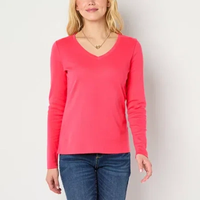 St. John's Bay Womens V Neck Long Sleeve T-shirt In Red