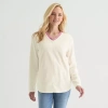 St. John's Bay Womens V Neck Polar Fleece Long Sleeve Sweatshirt In White