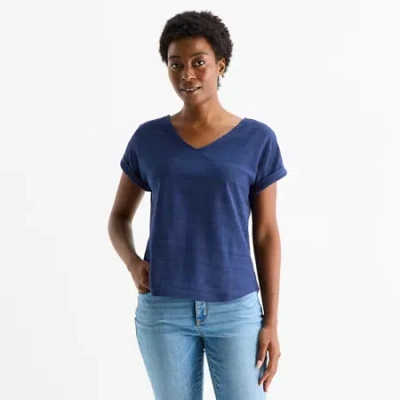 St. John's Bay Womens V Neck Short Sleeve Blouse In Blue