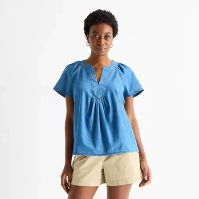 St. John's Bay Womens V Neck Short Sleeve Blouse In Blue