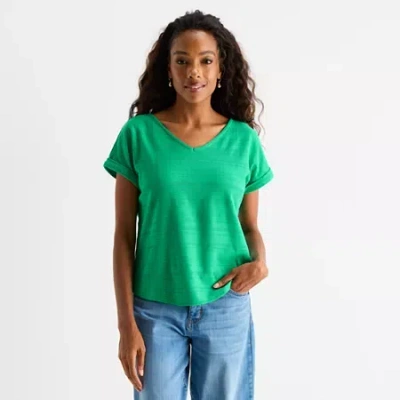 St. John's Bay Womens V Neck Short Sleeve Blouse In Green