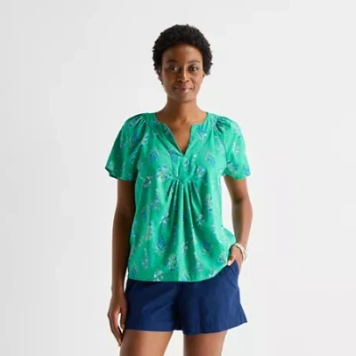 St. John's Bay Womens V Neck Short Sleeve Blouse In Green